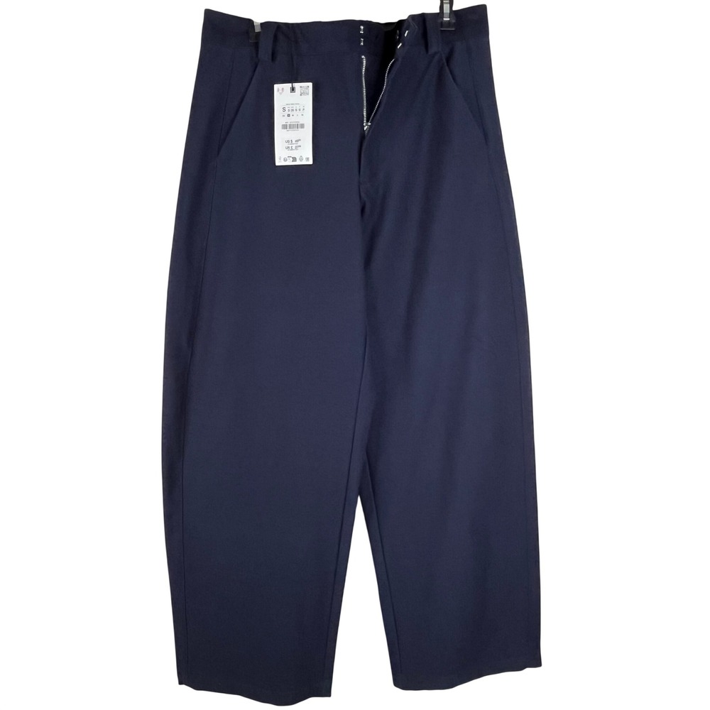 Zara Pants Culottes Womens Small Navy Blue Cotton Blend Wide Leg Cropped New
